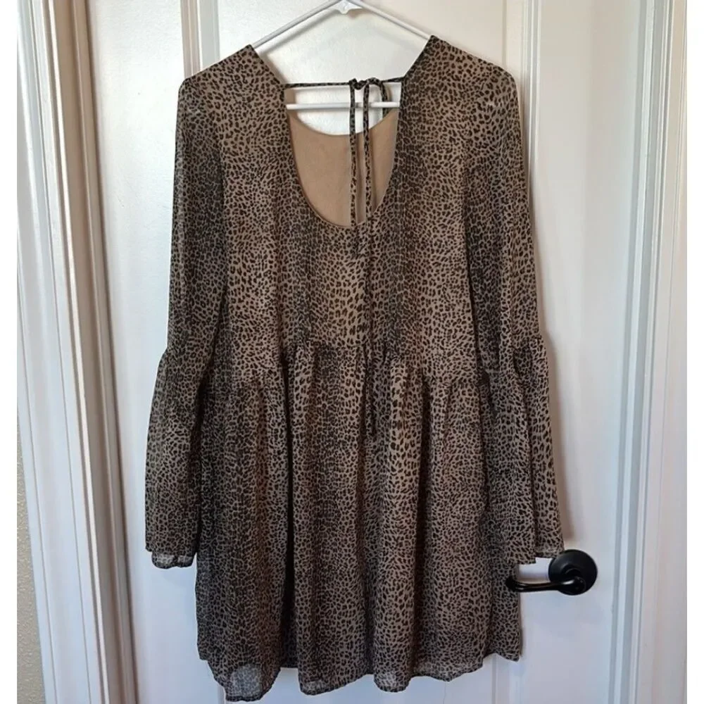 Adrienne Babydoll Dress Womens Size S Leopard Print Bell Sleeves Lined Chiffon